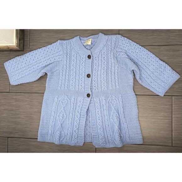 Kilronan Knitwear Ireland 100% Merino Wool Blue Cable Knit Long Sweater Size XL - Picture 1 of 5